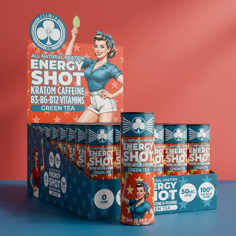 Club13 kratom energy shot with caffeine and B vitamins, Green Tea
