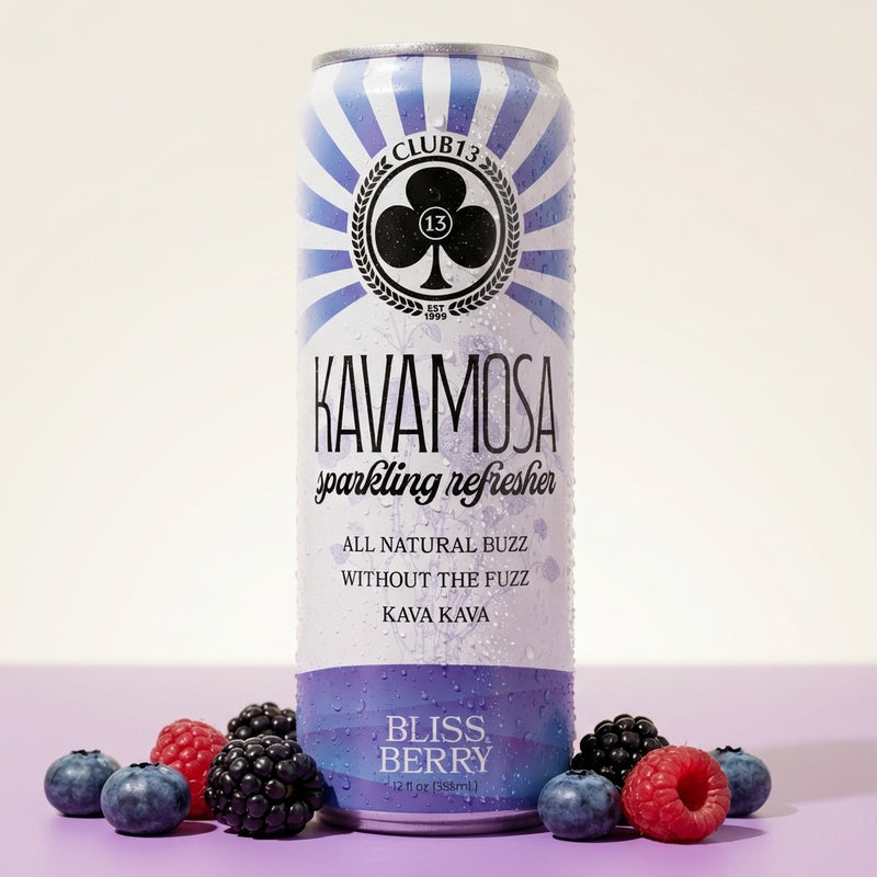 Club13 Kavamosa sparkling kava refresher, Bliss Berry